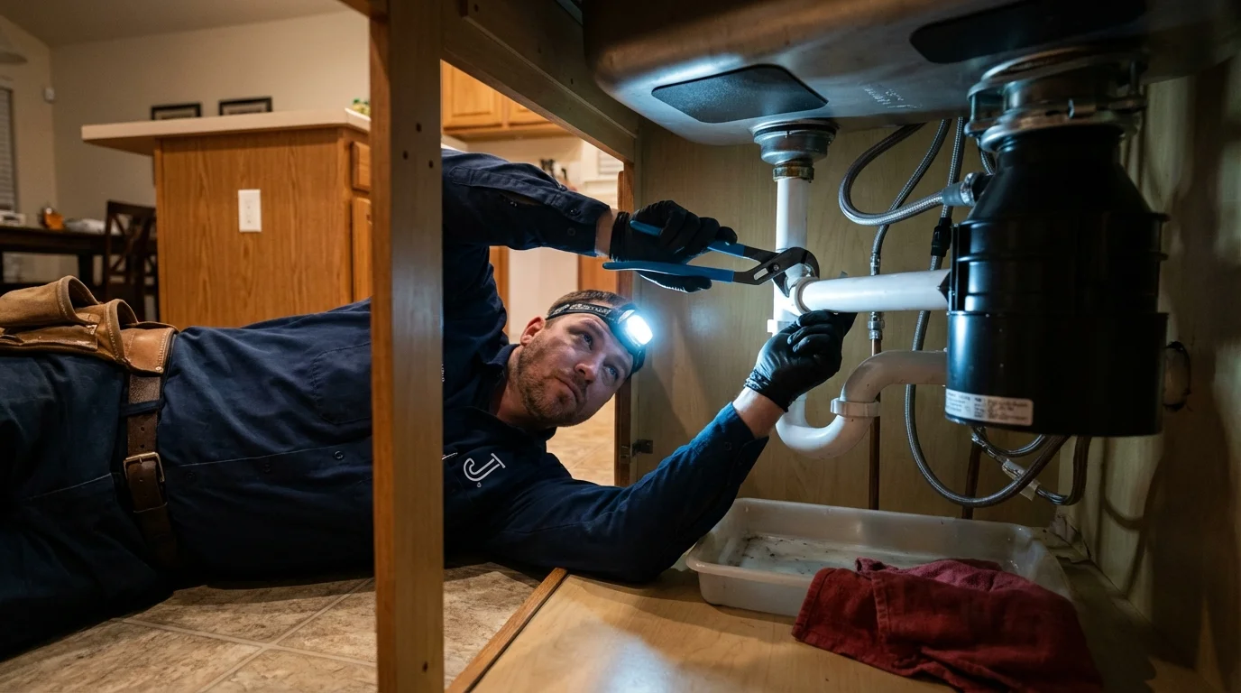 P-trap and supply line connections under a kitchen sink showing a common leak point in Scottsbluff, NE